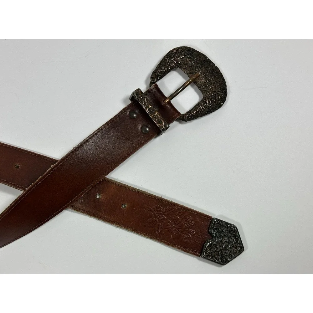 Axcess Brown Leather Belt Womens 30/32 Western Floral Ornate Copper? Buckle